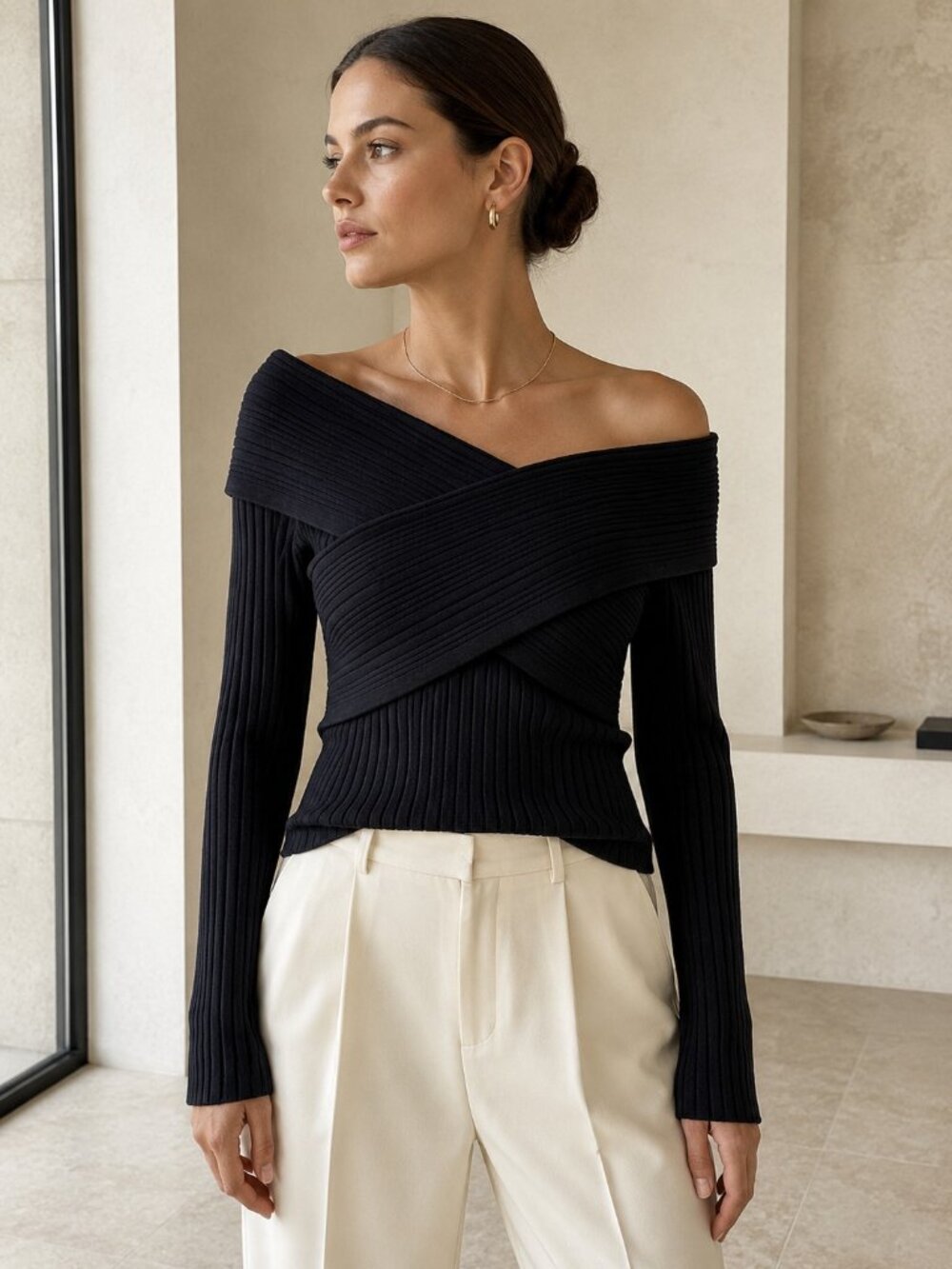 Rivir Off Shoulder Ribbed Sweater Cross Front Knit Top Black Size M